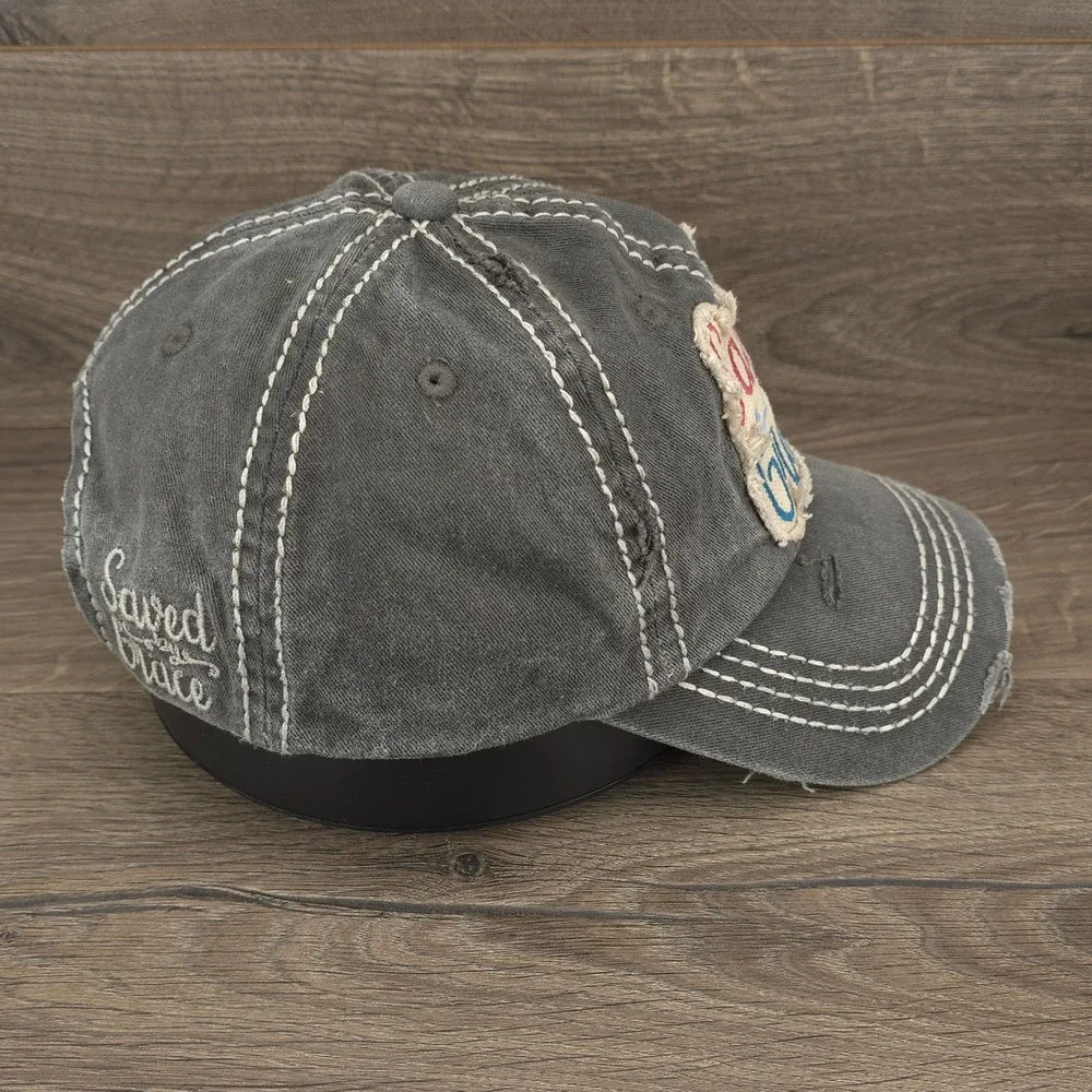 Saved By Grace Hat KBETHOS Cap Womens Strap Back Gray Distressed Faith Religious